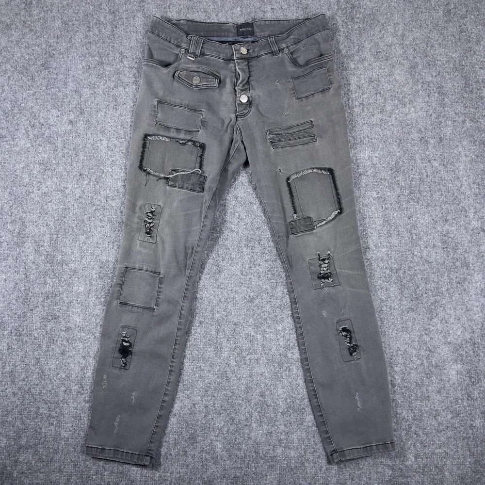 Rage Age Distressed Patchwork Jeans Mens L 31x29 Grey Slim Fit Button Fly